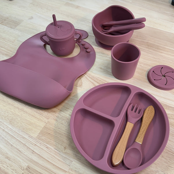 Lot de vaisselle en silicone pour bébé rose pâle